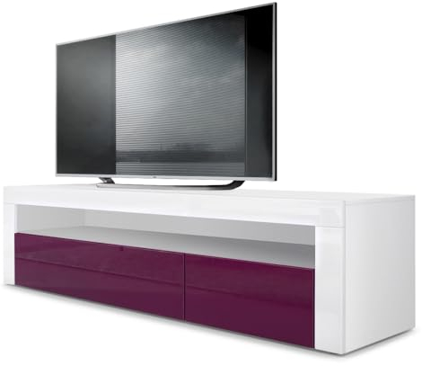 Vladon Lowboard Valencia, Made in Germany, TV-Kommode mit 1 offenem Fach und 2 Klappen, Weiß matt/Brombeer Hochglanz/Weiß Hochglanz (155 x 46 x 40 cm)