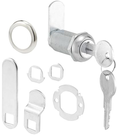 Prime-Line U 9950KA Diecast Keyed Alike Drawer and Cabinet Lock – 3 Cams, Trim Collar, 2 Washers, 2 Keys and Fasteners – 1-3/8 in. Length for 1 in. Max Panel Thickness, Stainless Steel (1 Set)