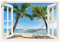ARTland Wanddeko Wandtattoo selbstklebende Vinylfolie 100x70 cm Fensterblick Fenster Strand Karibik Meer Palmen Hängematte Südsee T4TQ