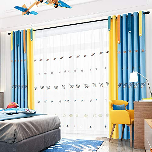 Lactraum Vorhänge Kinderzimmer Junge Bestickt Rakete Planet Milchstraße Hellblau Blickdicht mit Universalband 100 x 245 cm