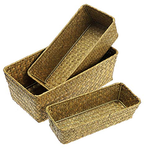 Sumnacon Set of 3 Natural Seagrass Nesting Storage Baskets and Home Organizer Bins Handwoven (Yellow)