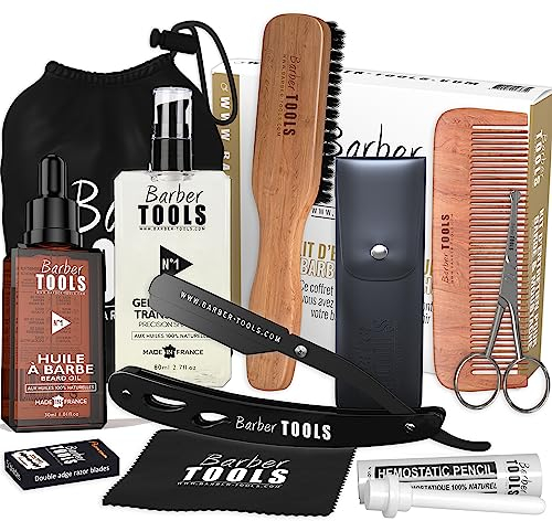 Coffret barbe et rasage pour homme | Huile , gel transparent, Rasoir coupe choux, brosse, peigne , ciseaux, pochette de rangement - Kit d'accessoires