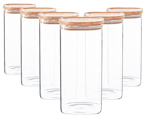 Argon Tableware Square Glass Storage Jars with Airtight Wooden Lids - 1500ml - 6 Pack - Modern Kitchen Container Preserving Jars for Pickling, Chutney, Jam, Coffee, Olives, Sugar, Spices