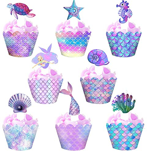 48 Stück Meerjungfrau Cupcake Toppers, Meerjungfrau Kuchen Dessertdekoration, für Geburtstagsparty, Baby Shower, Mädchen Geburtstag, Hochzeit (24 Cupcake Toppers und 24 Cupcake Wrappers)