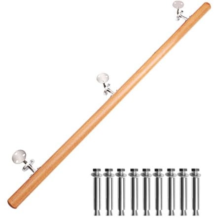INMOZATA Handrail for Stairs, 1.5m/5FT Wooden Stair Banister Rail, Classic & Safety Indoor Wall Mounted Exterior Stairs Handrail for Elderly Kids Non-Slip Staircase Banister Spindle with Fittings