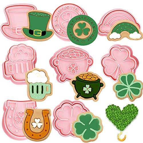 8 Stück St. Patrick's Day Ausstechformen mit Kolbenstempeln-Set, 3D-Kleeblatt-Form, Keksausstecher, irische Cartoon-Keks-Stempel, geprägt für St. Patrick's Day Leckereien, DIY-Kekse, Backzubehör