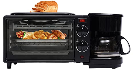 3 In 1 Frühstücksmaschine Mini Backofen Elektrische Backofen Antihaft-Bratpfanne Grillplatte Pizzaofen Kaffeemaschine Multifunktionsofen Mit Zeitschaltfunktion