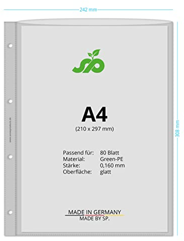 REIF Hamburg 18340G-25 Prospekthüllen A4+, DIN A4 Überformat, 25 Stück aus Green-PE Stärke 0,160 mm, dokumentenecht, oben offen, Dokumentenhülle gelocht für bis zu 80 Blatt, Made in Germany