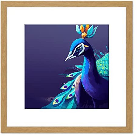 Wee Blue Coo Peacock Peafowl Navy Blue Bird Nature Modern Contemporary Watercolour Painting Square Wooden Framed Wall Art Print Picture 8X8 Inch