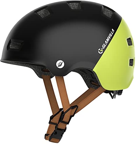 GLAMVILLA Skaterhelm Fahrradhelm Ultraleicht Stadthelm für Kinder/Damen/Herren,Verstellbar Unisex Schutzhelm für Skateboard E-Scooter Roller BMX,nur 260g/270/280g (Schwarz mit Grün, L(57-61cm))