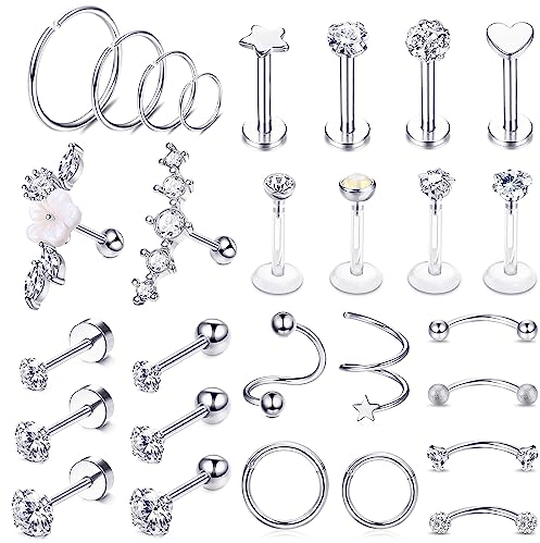 JeweBella 28PCS 16G Tragus Helix Piercing Ohrringe Chirurgenstahl Piercing Knorpel Ohrringe Damen Labret Piercing Set Conch Piercing Ring Silber Septum Piercing CZ Daith Piercing Ohr Gold Schmuck