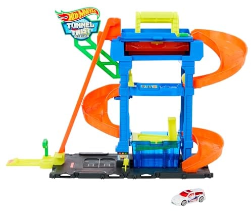Hot Wheels City “Let's Race - ¡a correr!” Netflix -Túnel de lavado con giros Pista para coches de juguete, incluye 1 vehículo color shifter, +4 años (Mattel HTN80)