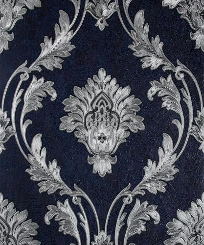 Exclusive Boutique Sparkle Navy Silver Damask Wallpaper SW1417