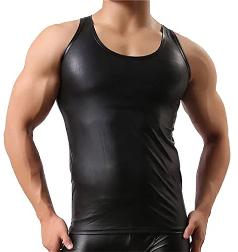 Herren Shirt Muskelshirt Tank Top ohne Arm Leder Lack Latex Optik Schwarz Männer Unterwäsche Stretch Hemd Tops Clubwear Guywear Gogo Swingerclub Freizeithemd Sommer Muskel Top Vinyl Oberteil