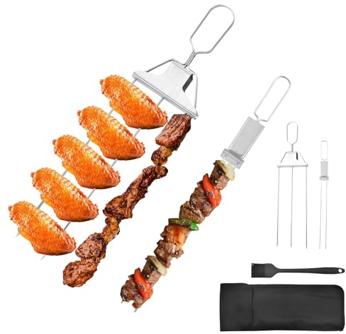 Realand 3-Prong & 2-Prong Skewers for Kabobs Set of 6, Stainless Steel Metal Kabob Skewers for Grilling with Push Bar, BBQ Flat Kebab Skewers Sticks for Grill Chicken Shish