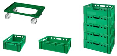 Logiplast 7 Stück E2-Kasten grün + 1 Transportroller mit vier Lenkrollen grün