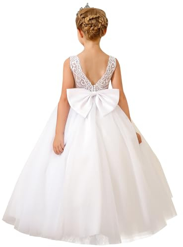 PLWEDDING Elegante vestido de niña de flores bordado de encaje para la boda niños V-espalda vestido de bola con lazo