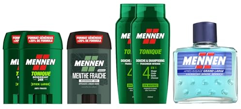 Mennen - Routine Hygiène Homme - 2x Déodorants Stick Tonique, 1x Déodorant Menthe Fraîche, 2x Gels douche Tonique, 1x Lotion Après-Rasage