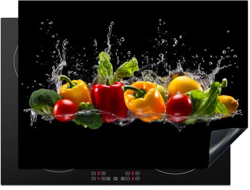 KitchenYeah© Herdabdeckplatte Einteilig Abdeckplatten Cerankochfeld Abdeckung Ceranfeld Herdplattenabdeckung Induktionsmatte Paprika - Wasser - Gemüse - Schwarz - 70x52 cm