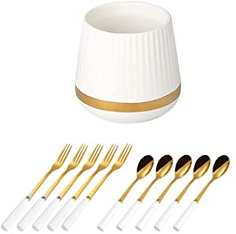 Set di posate per forchette da frutta in acciaio inossidabile, per forchette da insalata/forchette da dessert per la casa con barattolo di ceramica Set di posate (vestito 3)