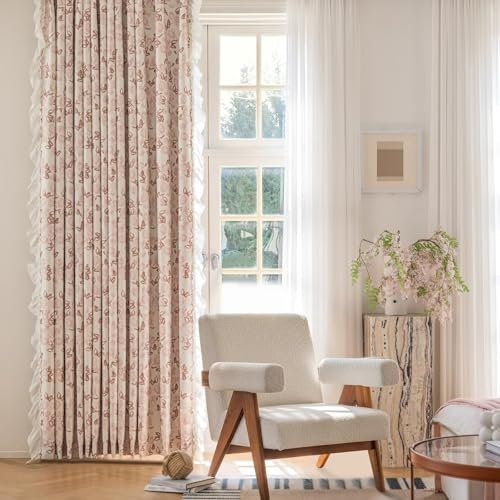 Daesar Verdunkelungsvorhänge mit Ösen 2er Set, Gardinen Blickdicht Rosa Bedruckt Blumen Motiv mit Rüschen 102x244CM Schiebevorhänge Vorhang Schlafzimmer Wohnzimmer