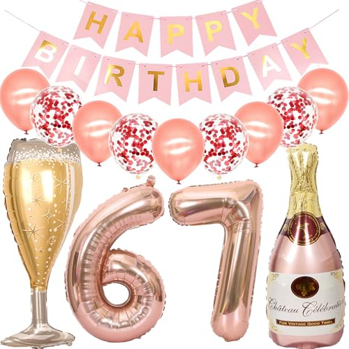 Feelairy Luftballon 67. Geburtstag Deko Frau, Rosegold Folienballon Weinflasche Sektflasche Helium Ballon Champagner Flasche, Girlande Happy Birthday Deko für Geburtstagsdeko 67 Jahre Frauen