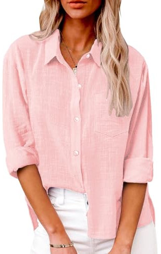 Friptspyg Donna da Camicia Manica Lunghe Scollo a V Chiusura con Bottoni 100% Cotone Casual Blusa con Tasca vestibilità Ampia Versatile per L'Estate, Rosa XL