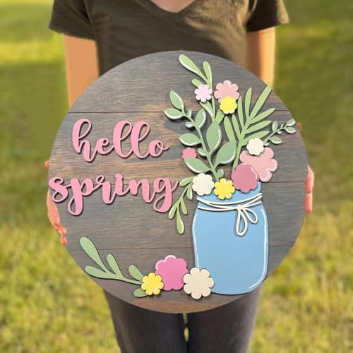 Hello Spring - Ghirlanda decorativa per porta d'ingresso, con fiori e scritta Hello Spring, con margherite, per porta d'ingresso, con cordino, personalizzabile (grigio scuro, taglia unica)