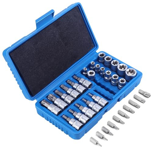 Mynoozi 34PCS Torx Bit Set, E Torx Bit Socket Set, 12Pcs 1/4 E-Type Plug E4-E20, 11Pcs Plum Head Inserts 3/8 Drive T10-T60, 10Pcs Plum Fittings 5/16 Drive T10-T55 and 1Pcs Socket Adapter