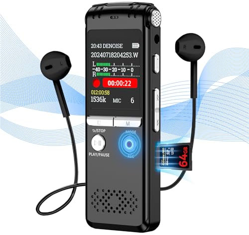 64GB Dictaphone - ZIPCIDE Digital Voice Recorder with Playback & Voice Activated Recording, 4800Hrs Tape Recorder with Noise Reduction Audio Recording Device for Lectures Meetings, Interviews, Class
