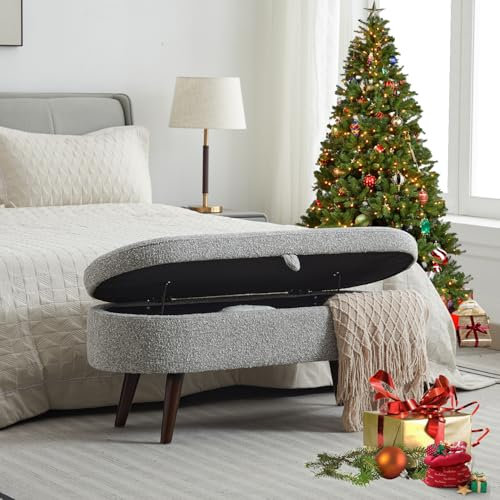 Comfort Stretch Storage Ottoman Bench for Bedroom, Upholstered Storage Bench, Boucle Ottoman Bench with Safety Hinge, End of Bed Bench with Solid Wood Legs for Living Room/Bedroom/Entryway/ 43.8