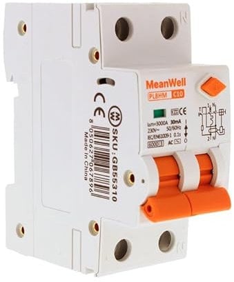 MeanWell Interruttore Magnetotermico Differenziale, 30mA 6000A 220V, RCBO 1P+N C10 10A, Tipo AC Curva C, 2 Poli Occupa 2 Moduli Barra DIN