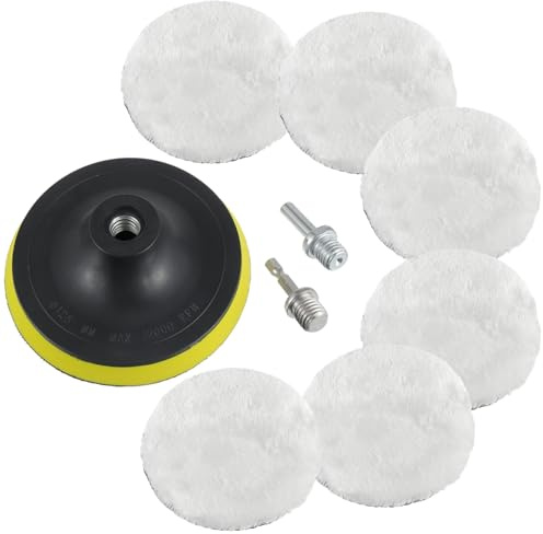 HUAREW Wolle Polieraufsatz 6 Stück, Polierpad mit 6 Winkel Griff, 125mm Klett Polierscheibe Polierpads, Winkelschleifer Polierhaube, Rundadapter, für Autopolieren