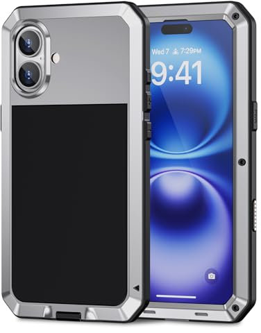 Lanhiem for iPhone 16 Metal Case, Heavy Duty Shockproof Tough Rugged Case with Built-in Glass Screen Protector, 360 Full Body DustProof Protective Cover for iPhone 16 6.1, Silver