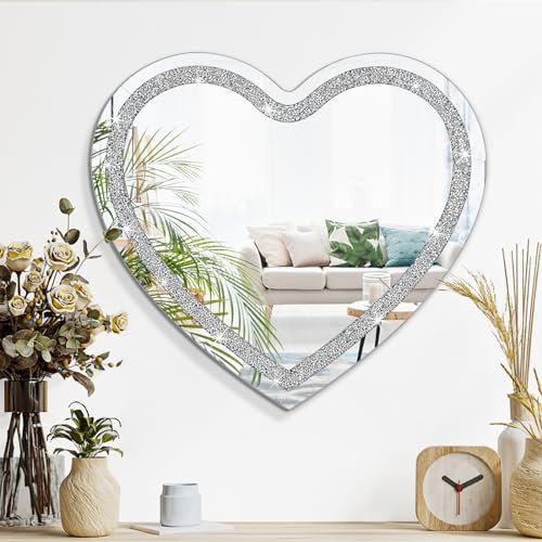 Lzuso Dekorative Wandspiegel Herzförmige Spiegel Silber Bling Spiegel für Wanddekoration für Flur Bad Schlafzimmer Rahmenlosen Wandspiegel