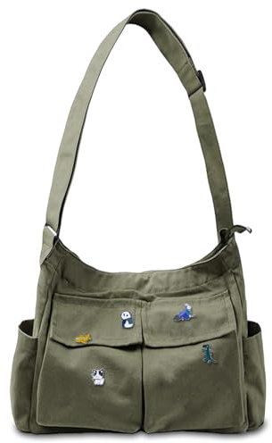 Aucuu Bolso Bandolera Mujer Grande Bolso de Hombro, Grande Tote Bag Unisexo, Bolso Lona de Hombro con Correa de Hombro Ajustablepara y Múltiples Bolsillo, para Compras Colegio Trabajar Viajar, Verde