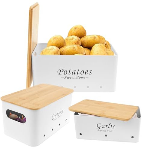 Juego de 3 latas de almacenamiento de verduras, apilables, cebolla, ajo, patatas, contenedor de almacenamiento de acero al carbono con agujero de ventilación y tapa de madera, recipientes multiusos