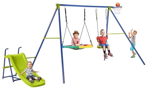 COSTWAY 4-in-1-Schaukelset, Schaukelgestell mit Schaukel, Rutsche & Basketballkorb, Schaukelgerüst mit Doppelschaukel, Gartenschaukel mit Metallgestell für Garten, Hof