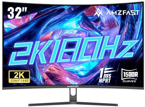 Amzfast 32'' QHD Monitor Gaming Curvo – 180Hz, 2K (2560 x 1440P) 1ms MPRT, Adaptive Sync, HDR10, DCI-P3 90%, Anti-Flicker, Low Blue Light (HDMI 2.0/DP 1.2, VESA 75x75) AMZG32C3Q