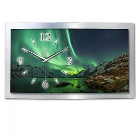 Kreative Feder 3D Designer-Wanduhr Polarlicht in modernem Metallic-Design; leise Quarzuhr mit Naturwunder Motiv wahlweise in Zwei Größen (Polarlicht, 50x30cm; leises Quarzuhrwerk)