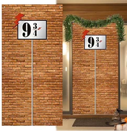 ChAusa 9 and 3/4 Cross Station Sign Brick Wall Background Wizard Party Wall Decoration Banner Door Curtains for Magic School Birthday Party Decorations