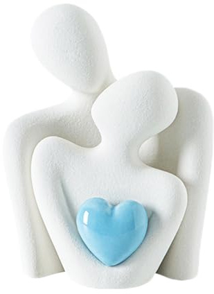 Statua in Ceramica di Coppia, Coppia di Innamorati Statua, Scultura Romantica di Coppia Astratta Abbracciando Coppia Figurina Decorazione con Cuore Blu per Regalo per Coppie (Bianco Bianco Blu)