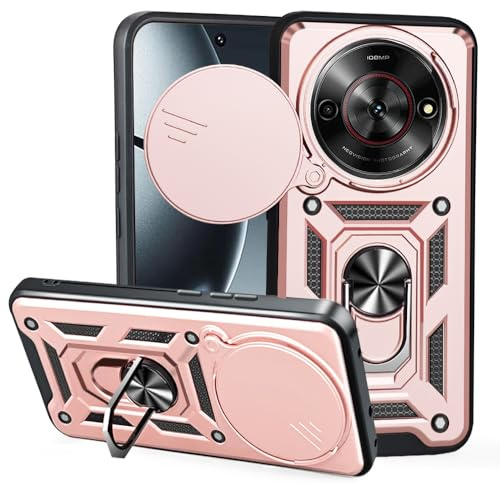 JNERBUYI Hülle für ZTE Nubia Focus 5G/Blade A75 5G/V60 Smart Schutzhülle mit 360°Ring und Objektiv Cover, Stoßfeste Handyhülle mit Magnet Ständer, Bumper Robuste Hülle. Roségold