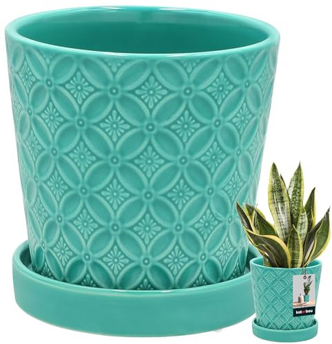 KOTARBAU® Pflanzentopf mit Untersetzer Turkisfarbe ⌀ 13 cm Höhe: 15 cm Glasierte Keramik Blumentopf groß Plant Pot Kaktus Topf mit Untersetzer Übertopf mit Untersetzer Blumentöpfe