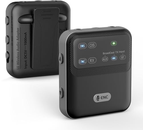Bluetooth 5.4 Audio-Receiver, Clip-on AAC LC3 Wireless Broadcast-Adapter mit ENC-Mikrofon für Kirchenübersetzung, Tourguide, 3,5 mm AUX, kabelloser Audio-Adapter für Heim-Stereo-Musik-Streaming