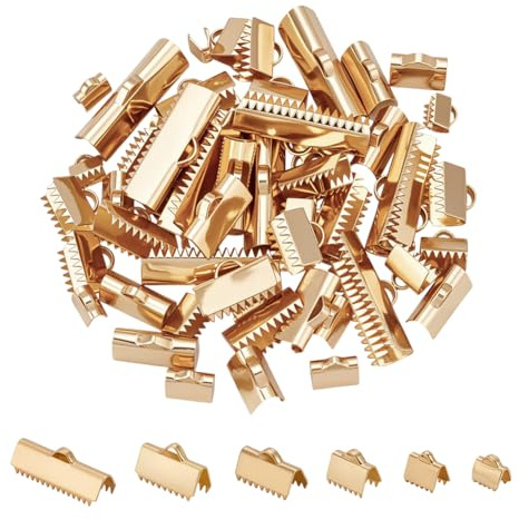 UNICRAFTALE 60pcs 6 Sizes Rectangle Ribbon Ends with Clamps Stainless Steel Golden Ribbon Crimp Ends Leather Pinch Crimp Fastener for DIY Choker Bracelet Bookmark Making