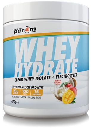 Per4m Whey Hydrate | 23g Whey Isolate & Aquamin Electrolytes | Muslce Growth & Hydration | Clear, Refreshing & Low in Sugar | 15 Serving (450g, Mango Coconut)