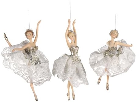 Goodwill Resin & Fabric White & Silver Lace & Pearl Ballerina's 19cm Hanging Christmas Ornament -Set of 3