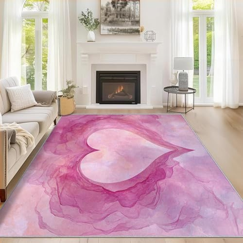 Générique Tapis de Salon Cœur Rose 140x200 cm, Tapis Motif Aquarelle Rose Mignon Antidérapant et Lavable en Machine, Paillasson Interieur Entree à Poil Ras pour Chambre ZY&L3
