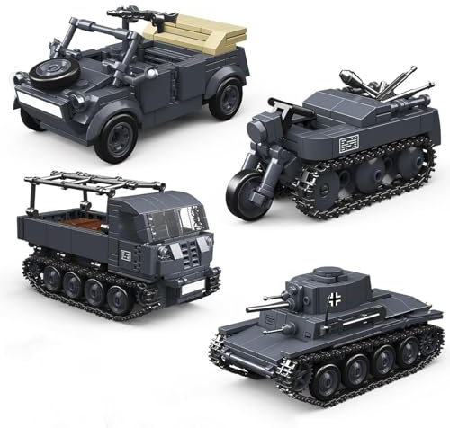 PlaySynthe Technik Panzer Bausteine Bausatz, 4 in 1 Panzer Klemmbausteine, WW2 Militär Fahrzeug Bausteine Modell Spielzeug, Geschenke für Erwachsene und Militärfans, 1089 Teile